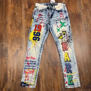Rue 21 28 x 30 Premium Supreme Flex Super Skinny jeans graffiti paint acid wash